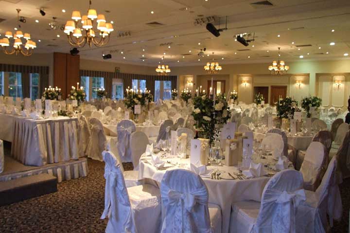 Wedding reception setting in a ballroom