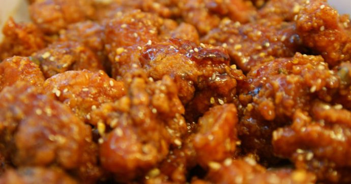 Close-up of a kimchi and chicken dish