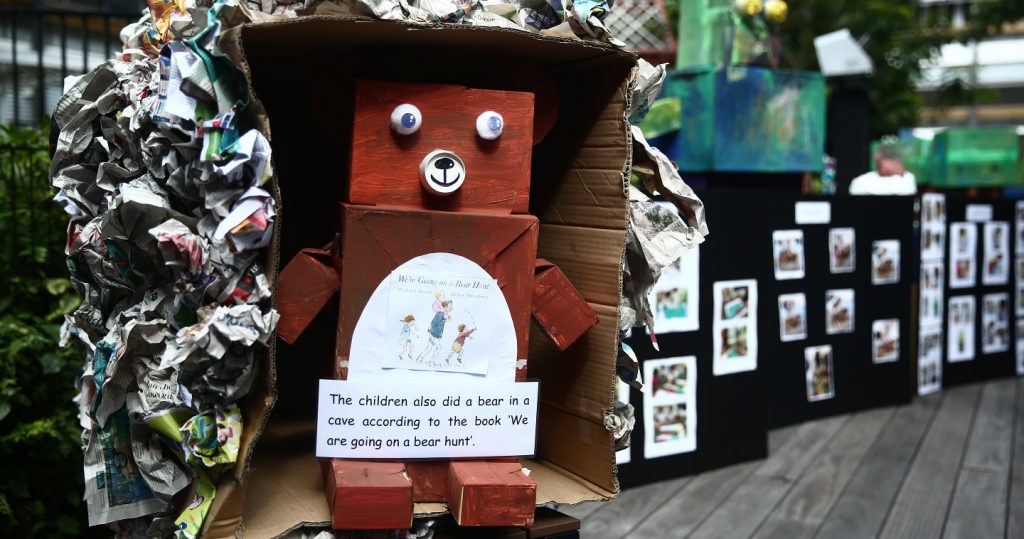 Photo of a handicraft bear made out of recycled boxes by the children of Kindle Garden.