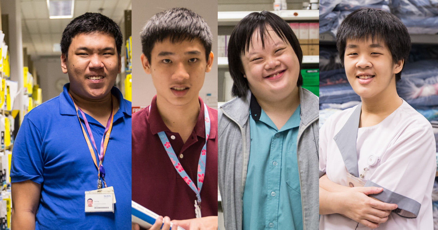 Photo collage of SG Enable-facilitated interns Ivan Ng, Lim Cheng Guan, Phua Jia Yi and Chong Wan Shuen