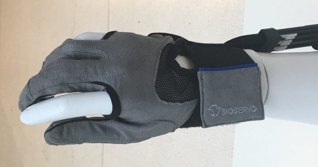 Photo of one SEM glove, featuring a strength- and grip-enhancing design