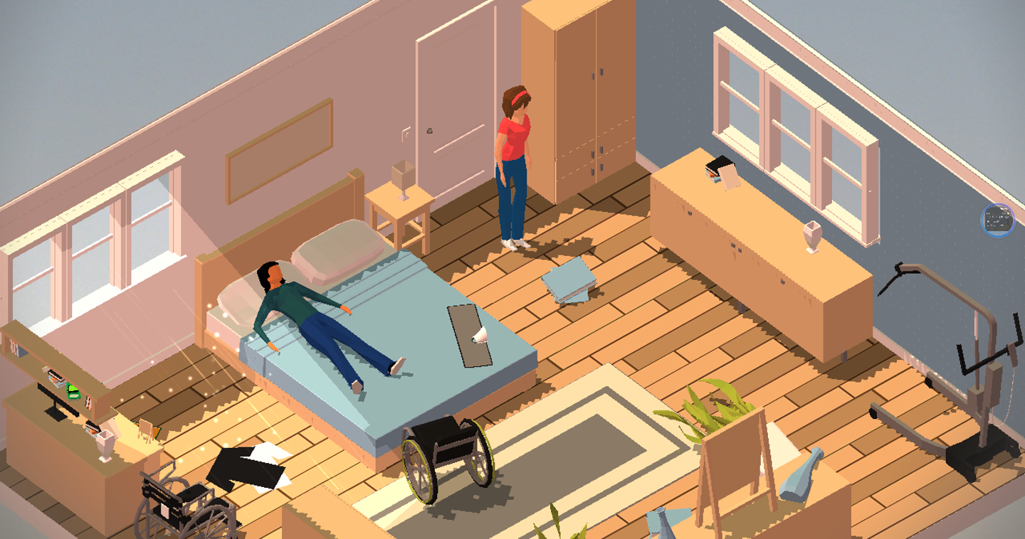 Screenshot of Enabler app. The game screen shows an isometric view of a room with you and your wheelchair-using friend